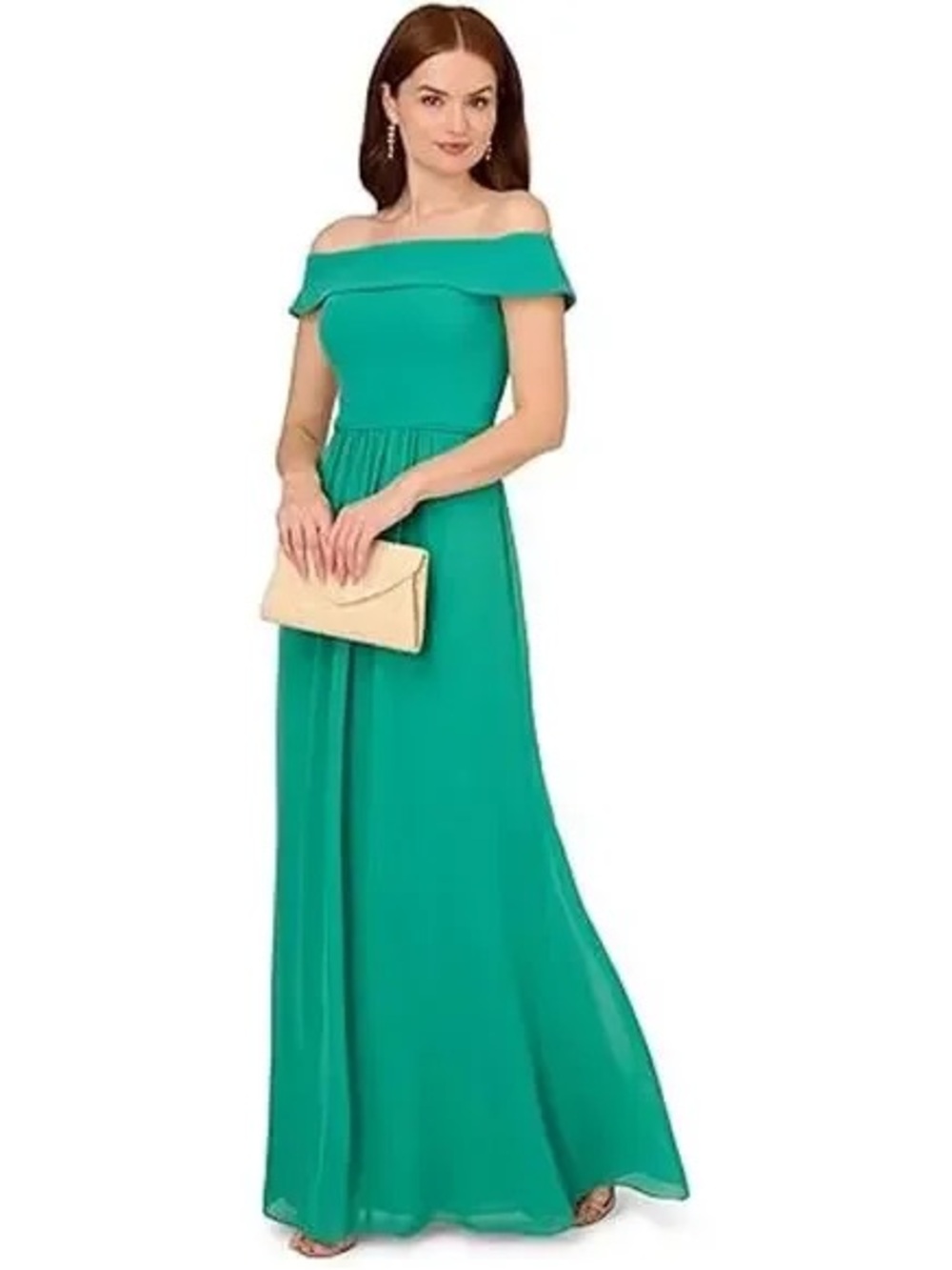 NWT Adrianna Papell Off-The-Shoulder Chiffon Gown - Botanic Green - Size 2